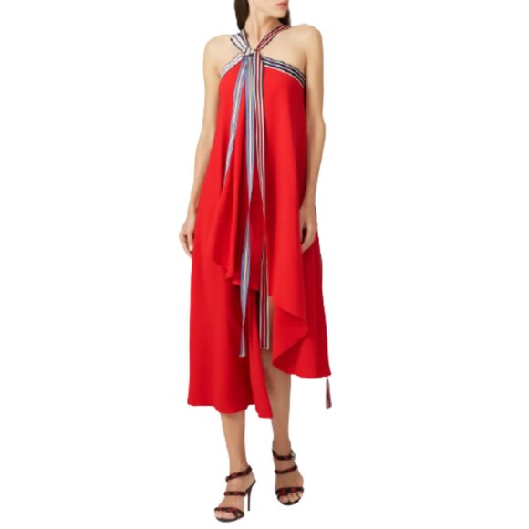 Monse Dresses & Skirts - Monse Grosgrain Tie Halter Midi Dress Red Multi